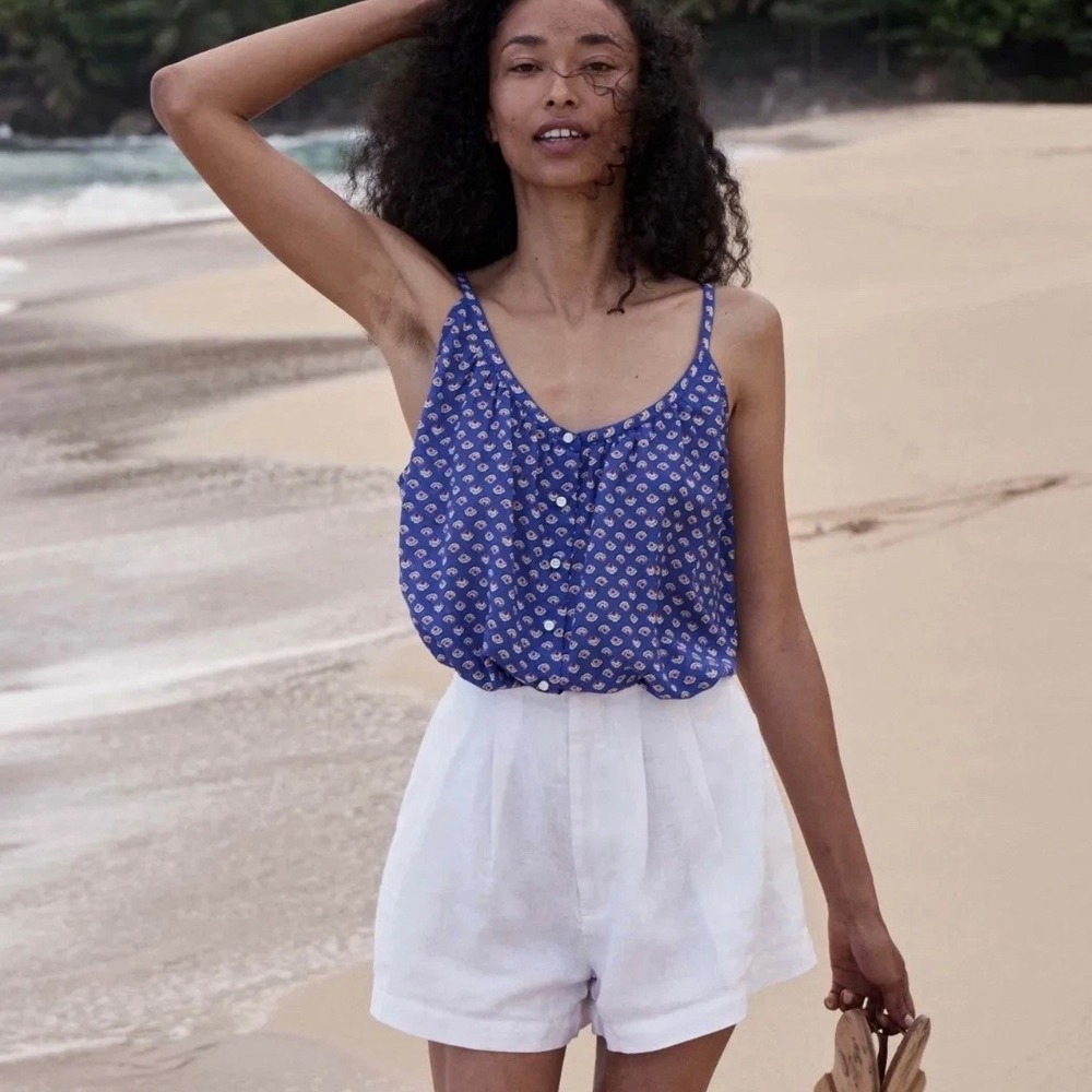 DOEN Nalina Top Women Small Blue Bord De Mer Floral Button Front Cropped Tank
